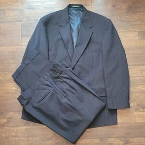 Lord & Taylor Men Pinstripe Suit Navy Blue Racquet Club 46R X 38